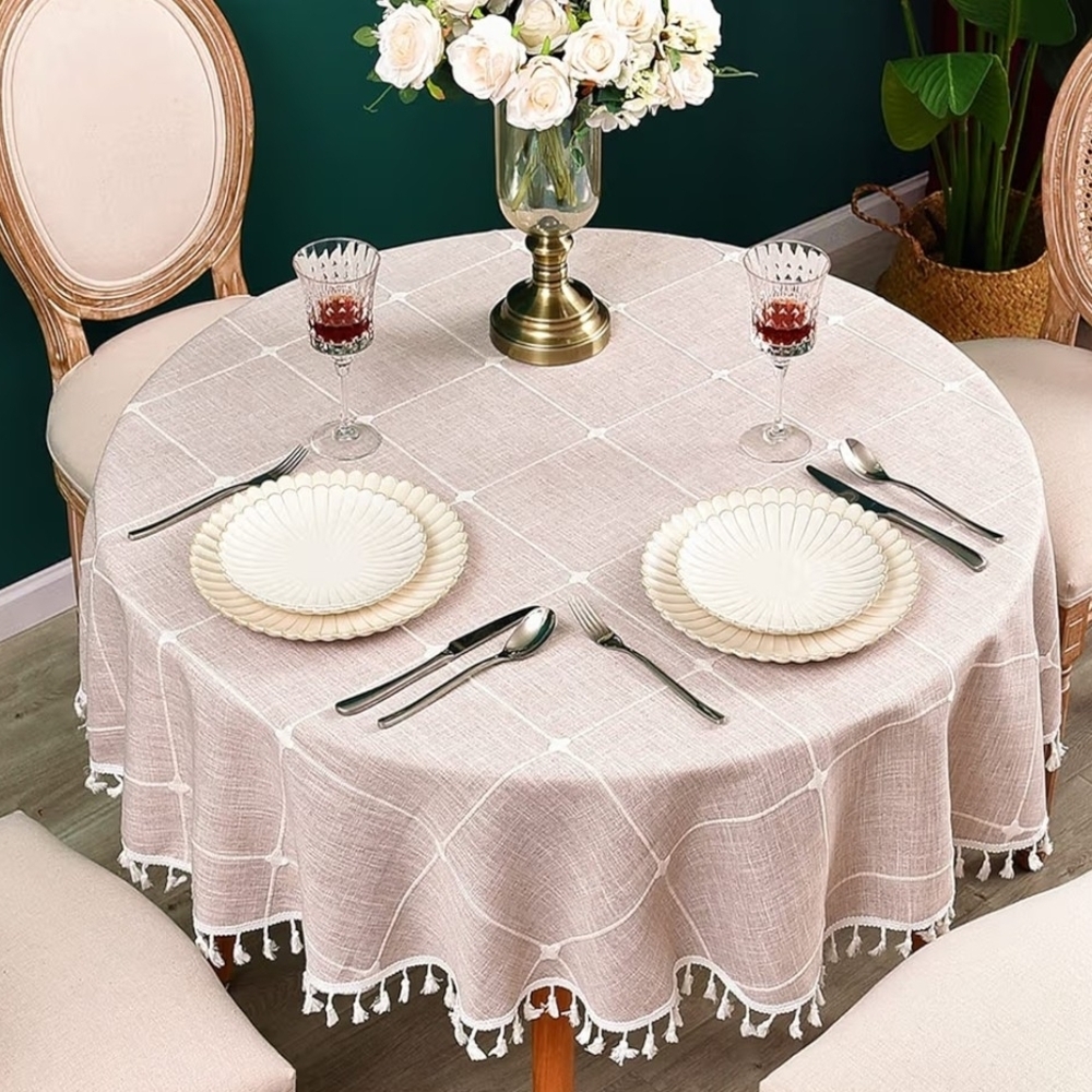 Chic Round Cream Tablecloth with Tassel Accents 36 Inches